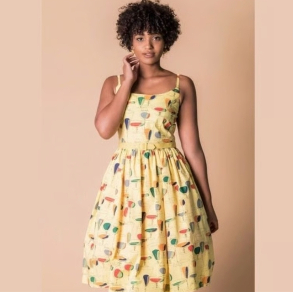 Bettie Page By Tatyana Drinks On Me Yellow Swing Dress Size Large